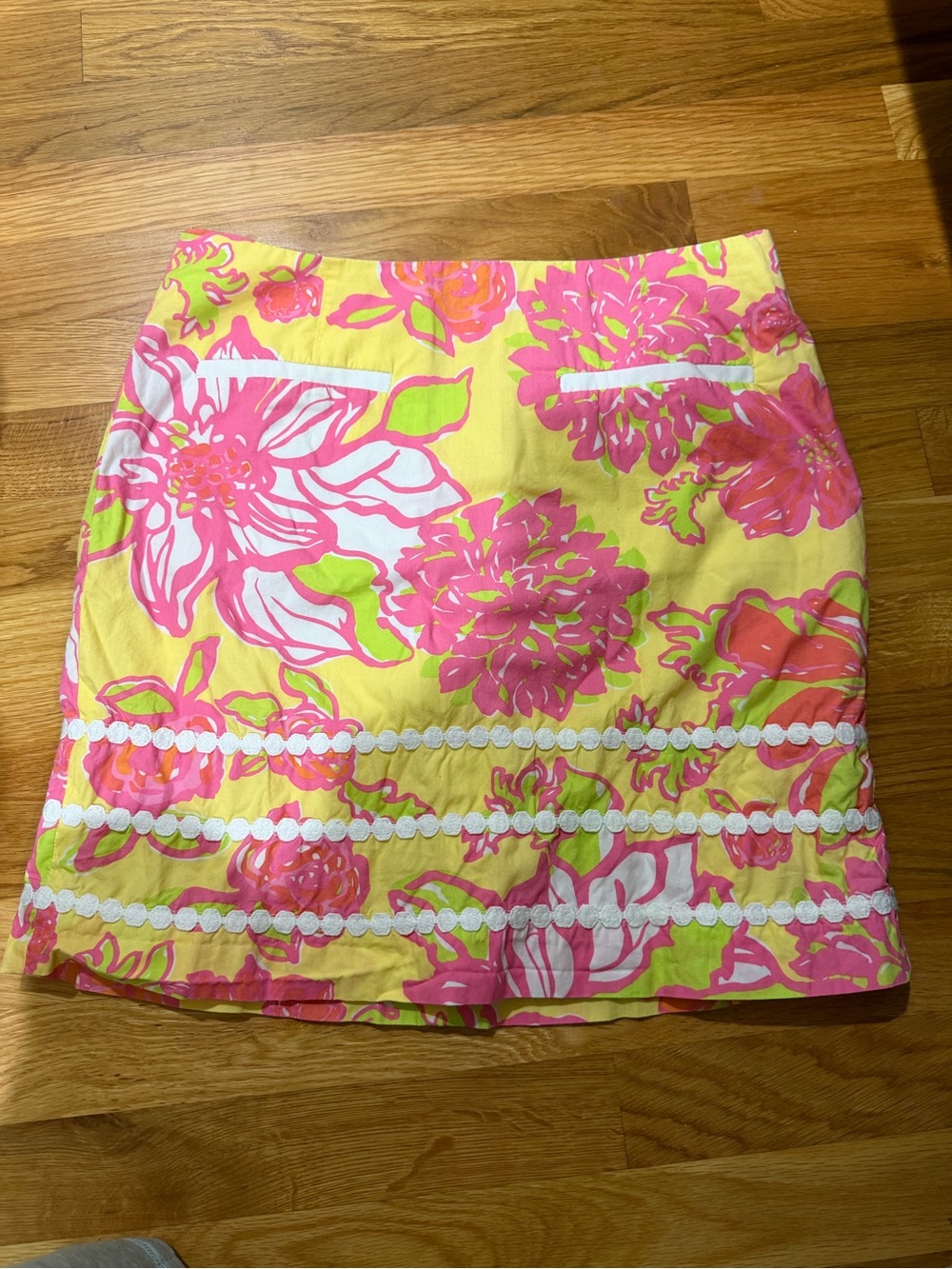 Lilly Pulitzer Yellow Pink Floral Mini Skirt with White Trim